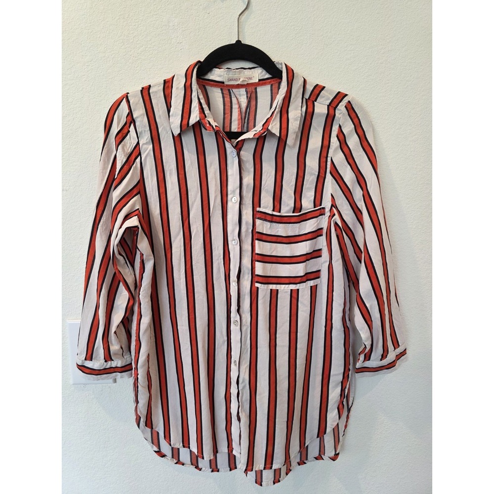 Grand&Greene Button Down Blouse Sz S Red Black Ivory Vertical Stripes Minimalist